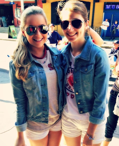 My sister and I in matching outfits at my birthday game 